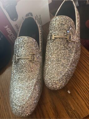 Men's Silver Glitter Slip-On Loafers with Metal Bit